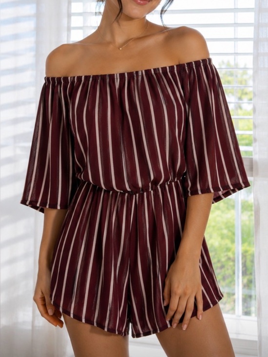 Other - U2B Striped Off-Shoulder Romper in Burgundy and White